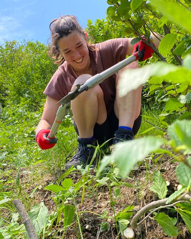 Zwei junge Frauen pflanzen Bäume in einem grünen, sonnigen Garten oder Waldgebiet, lachen und arbeiten gemeinsam. | © Kleinwalsertal Tourismus eGen